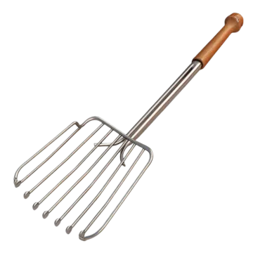 a metal pitchfork with wooden handle