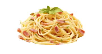 a plate of pasta with ham and cheese