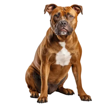 a brown and white dog sitting on a white background