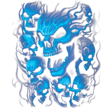 a blue skull with flames on it
