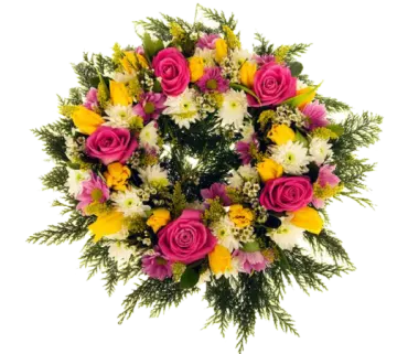 a bouquet of pink and yellow flowers
