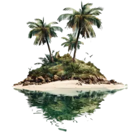 a small island with two palm trees on it