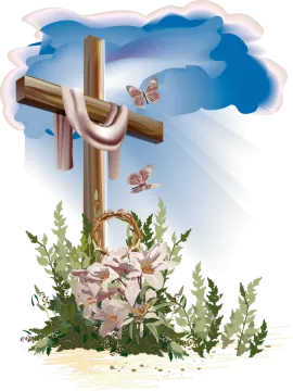 a cross with flowers and butterflies in the sky