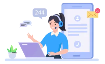 a woman with headphones sitting in front of her laptop and talking on the phone