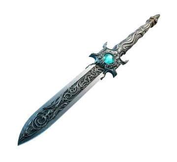 a dagger with a green stone in the center