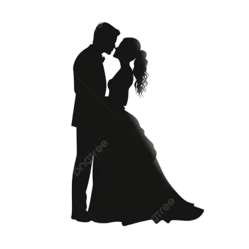 a silhouette of a bride and groom kissing