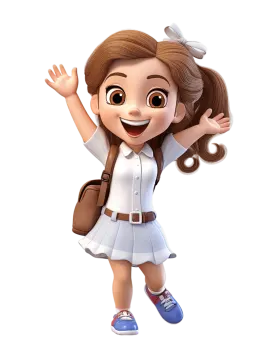 a little girl in a school uniform with her hands up