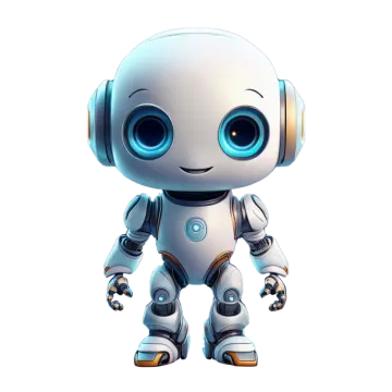 a white robot with blue eyes and headphones