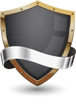 a black and gold shield with a silver ribbon around it