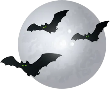 three bats flying in front of a full moon