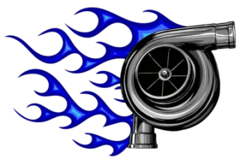 a blue and white fire hose with flames around it