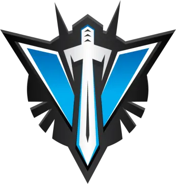 a black and blue logo with the letter v