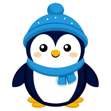 a penguin wearing a blue hat and scarf