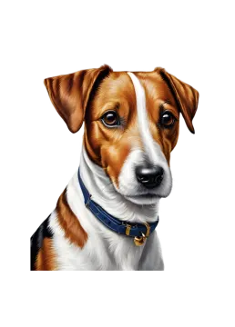 a brown and white dog with a blue collar