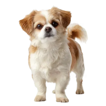 a small brown and white dog standing on a white background