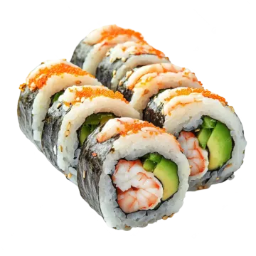 sui roll with shrimp and avoca on white background