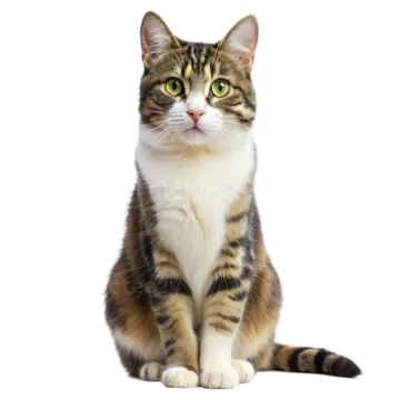 a cat sitting down looking up at the camera