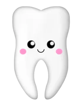 a white tooth with pink cheeks and eyes