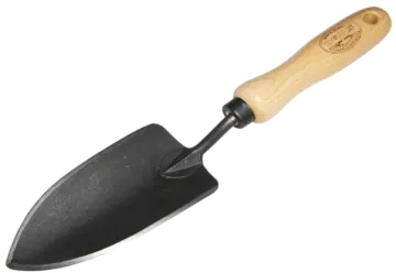 a black shovel with wooden handle