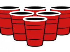 a red bucket filled with black plastic cups