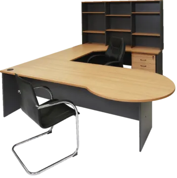 a wooden desk with black chairs and a bookcase