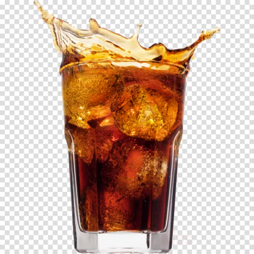 a glass of cola with ice on top