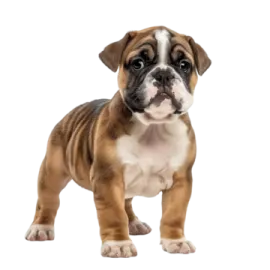 a small brown and white puppy standing on a white background