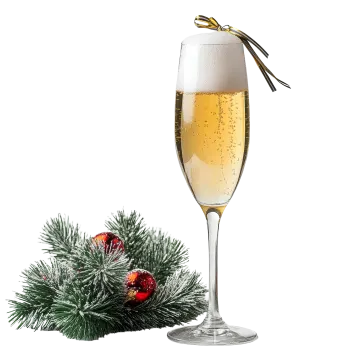 a glass of champagne next to a christmas tree