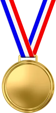 a gold medal with red, white and blue ribbons