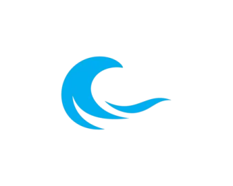 a white background with a blue wave logo