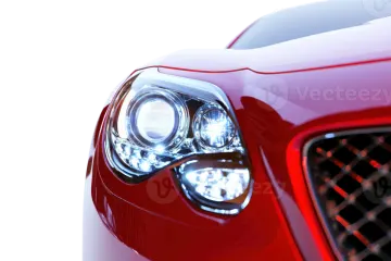 the front end of a red sports car