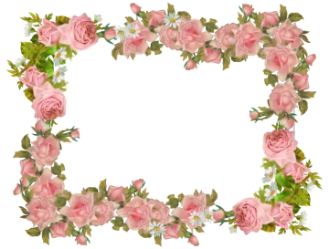 a frame with pink roses and green leaves