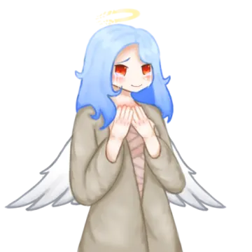 an angel with blue hair and red eyes