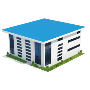 an office building with a blue roof