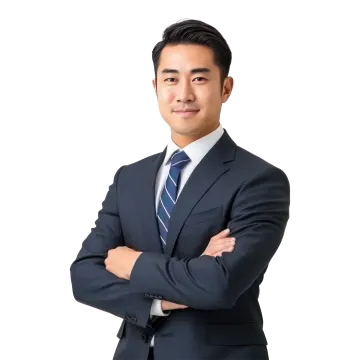 a man in a suit and tie standing with his arms crossed