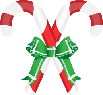 a pair of candy canes with green and red bows