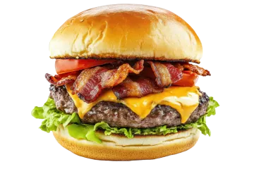 a bacon and cheese burger on a white background