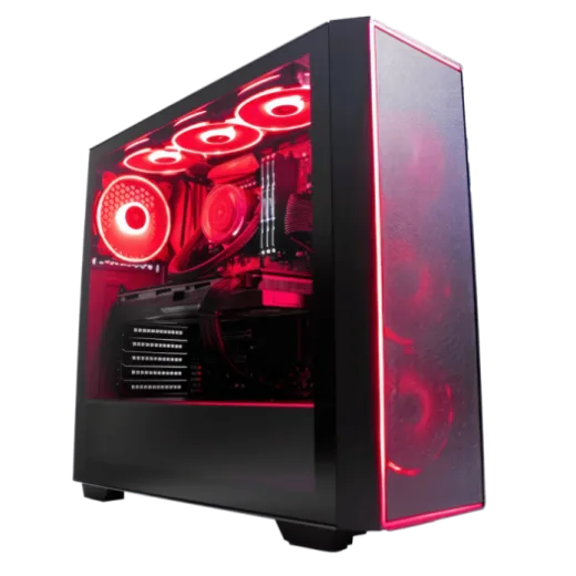 a black computer case with red leds
