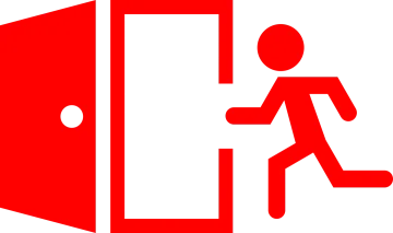a red emergency door with a man running out of it