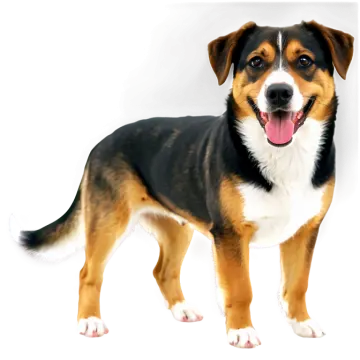 a brown and black dog standing next to a white wall