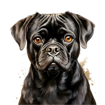 a black pug dog with orange eyes