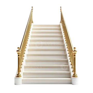 a set of white stairs with gold railings