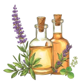 a bottle of essential oil with lavender flowers and leaves