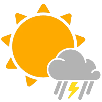 a weather icon with the sun and storm