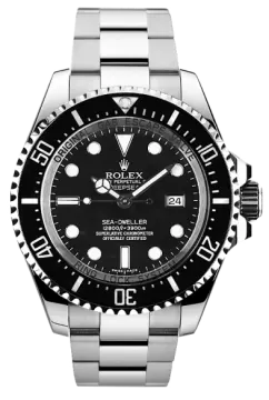 a watch with black dial and stainless bracelet