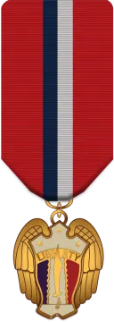 a medal with a red, white and blue ribbon