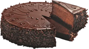 a piece of chocolate cake on a white background