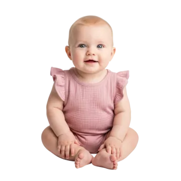 a baby sitting on the floor wearing a pink rom