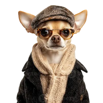 a small dog wearing a hat and glasses