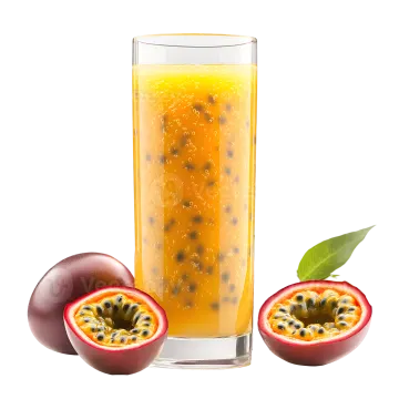 a glass of passion fruit juice next to two whole passion fruits